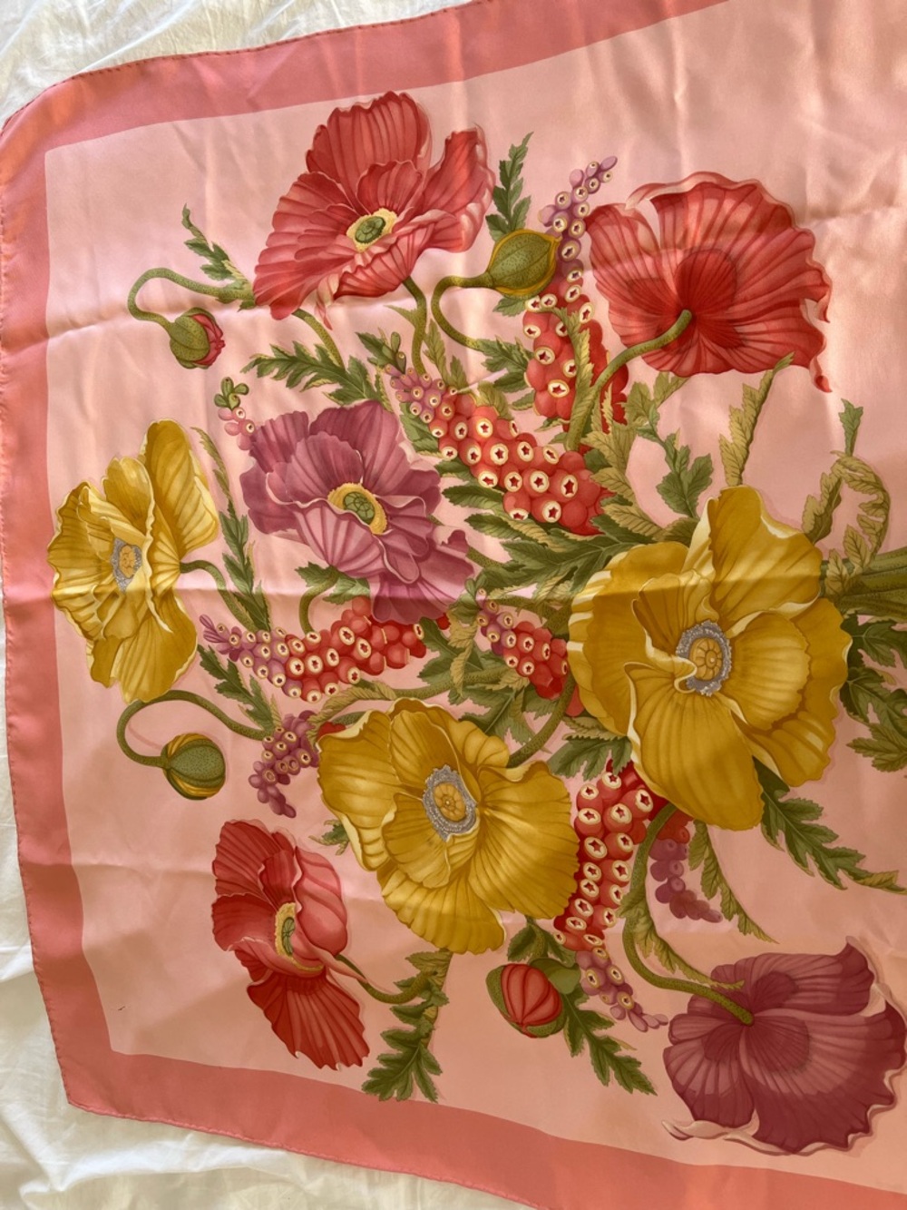 Salvatore Ferragamo Pink Floral Silk Scarf with Yellow and Red Blossoms - Picture 5 of 11